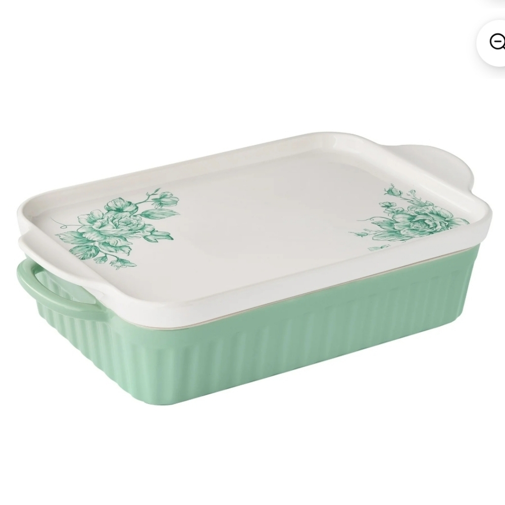 💕 2025 Pioneer Woman Ahatha Green Baking Dish With Platter Lid Set